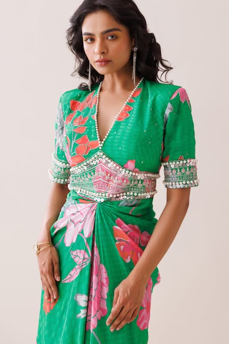 Kisakshi Jaipur_Green Chanderi, Organza Pearls, Sequins V-neck Floral Embellished Draped Dress _at_Aza_Fashions