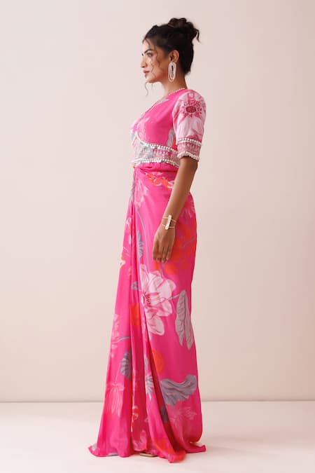 Kisakshi Jaipur_Pink Chanderi, Organza Pearls, Sequins V-neck Floral Embellished Draped Dress _Online_at_Aza_Fashions