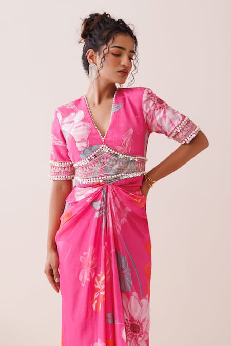 Buy_Kisakshi Jaipur_Pink Chanderi, Organza Pearls, Sequins V-neck Floral Embellished Draped Dress _Online_at_Aza_Fashions