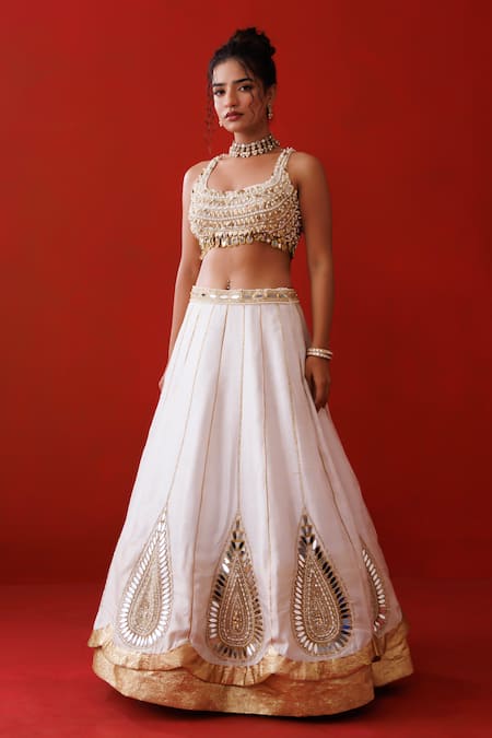 Kisakshi Jaipur_Ivory Silk, Organza Pearls, Mirrors, Cut Work, Zari Embroidered Lehenga Set _Online_at_Aza_Fashions