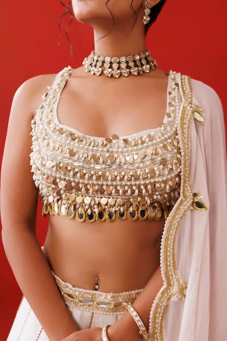 Shop_Kisakshi Jaipur_Ivory Silk, Organza Pearls, Mirrors, Cut Work, Zari Embroidered Lehenga Set _Online_at_Aza_Fashions