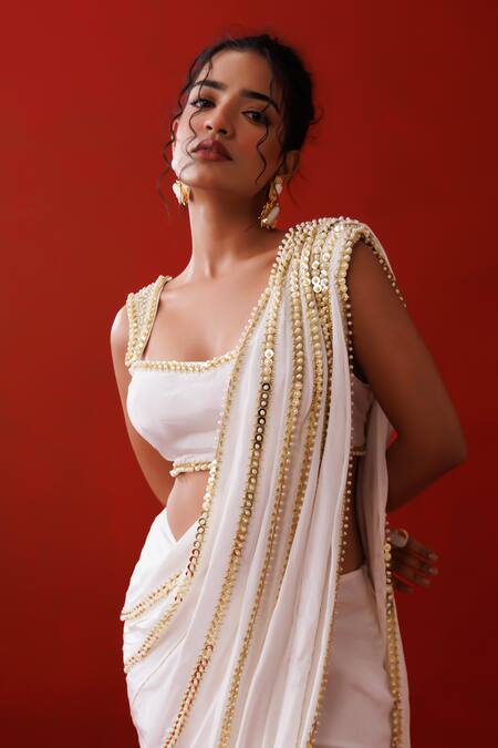 Buy_Kisakshi Jaipur_Ivory Crepe Pearls, Sequins Embellished Pre-draped Slit Saree And Blouse _Online_at_Aza_Fashions