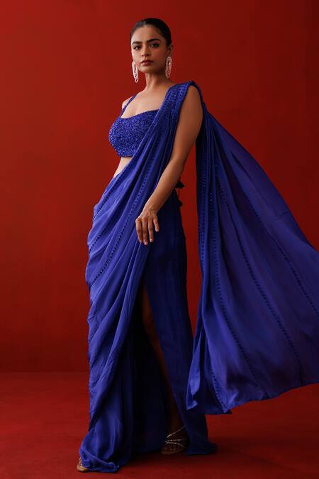 Shop_Kisakshi Jaipur_Blue Crepe Sequins Scoop Neck Embellished Pre-draped Slit Saree _Online_at_Aza_Fashions