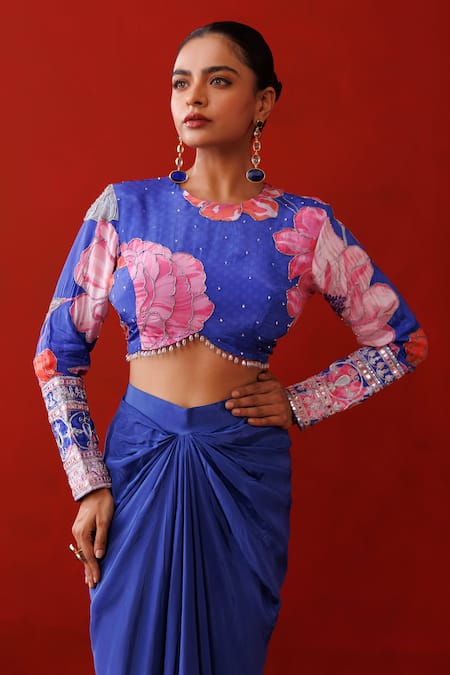 Kisakshi Jaipur_Blue Crepe Mirrors, Pearls, Sequins, Embroidered Blouse And Draped Skirt Set _Online_at_Aza_Fashions