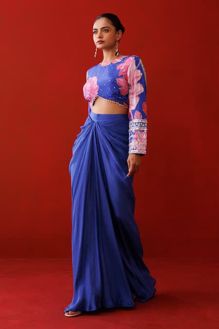 Kisakshi Jaipur_Blue Crepe Mirrors, Pearls, Sequins, Embroidered Blouse And Draped Skirt Set _at_Aza_Fashions