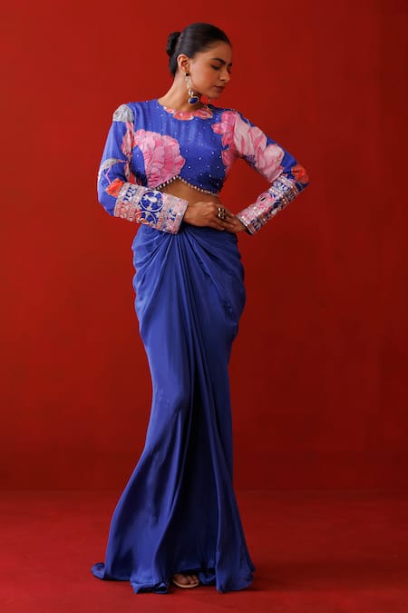 Buy_Kisakshi Jaipur_Blue Crepe Mirrors, Pearls, Sequins, Embroidered Blouse And Draped Skirt Set 