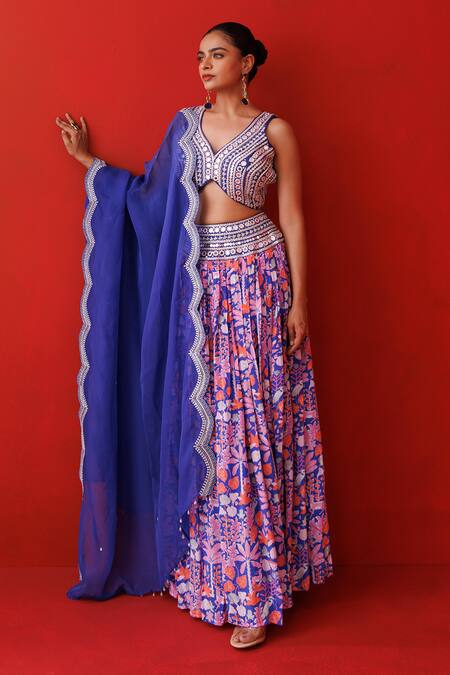 Kisakshi Jaipur_Blue Crepe, Organza Mirrors, Pearls, Forest Patterned Embellished Lehenga Set _Online_at_Aza_Fashions