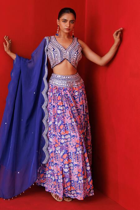 Shop_Kisakshi Jaipur_Blue Crepe, Organza Mirrors, Pearls, Forest Patterned Embellished Lehenga Set _Online_at_Aza_Fashions