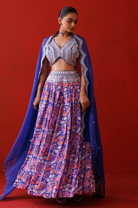 Kisakshi Jaipur_Blue Crepe, Organza Mirrors, Pearls, Forest Patterned Embellished Lehenga Set _at_Aza_Fashions