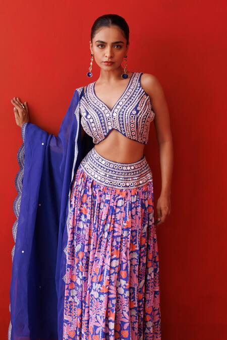 Buy_Kisakshi Jaipur_Blue Crepe, Organza Mirrors, Pearls, Forest Patterned Embellished Lehenga Set 