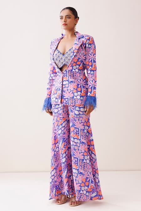 Kisakshi Jaipur_Blue Crepe Feathers, Pearls, Beads Sweetheart Embellished Blazer Sharara Set _Online_at_Aza_Fashions