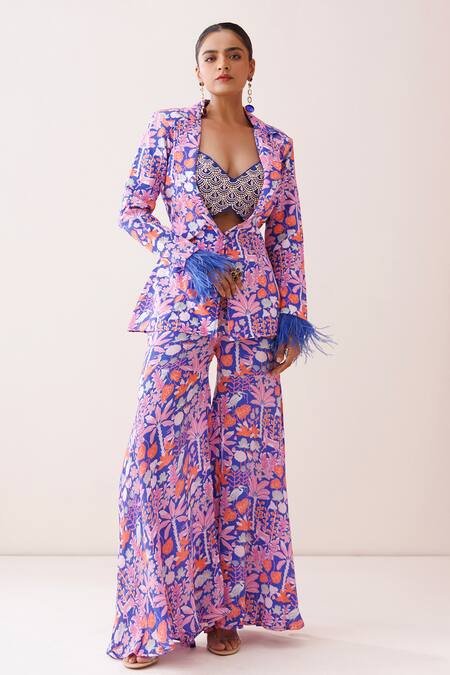 Buy_Kisakshi Jaipur_Blue Crepe Feathers, Pearls, Beads Sweetheart Embellished Blazer Sharara Set _Online_at_Aza_Fashions