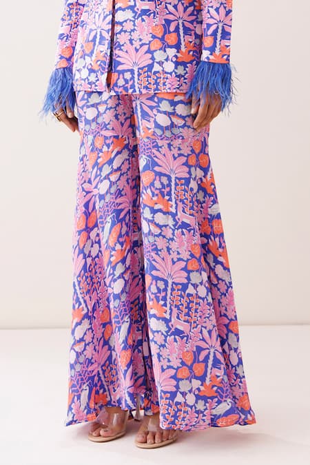 Shop_Kisakshi Jaipur_Blue Crepe Feathers, Pearls, Beads Sweetheart Embellished Blazer Sharara Set _Online_at_Aza_Fashions