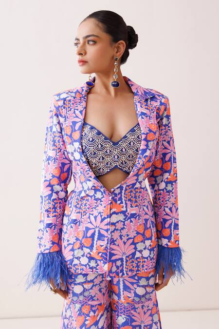 Kisakshi Jaipur_Blue Crepe Feathers, Pearls, Beads Sweetheart Embellished Blazer Sharara Set _at_Aza_Fashions