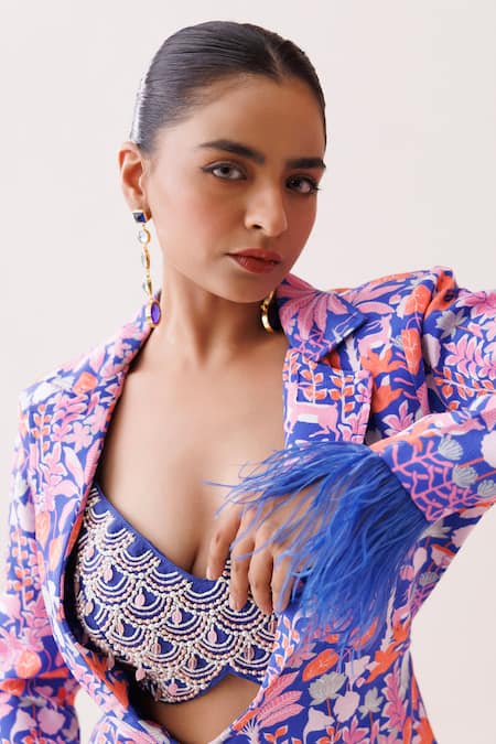 Buy_Kisakshi Jaipur_Blue Crepe Feathers, Pearls, Beads Sweetheart Embellished Blazer Sharara Set 