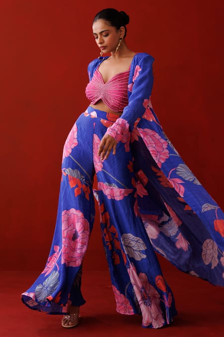 Kisakshi Jaipur_Pink Crepe, Chanderi Beads, Pearls Sweetheart Floral Print Shrug Sharara Set _Online_at_Aza_Fashions