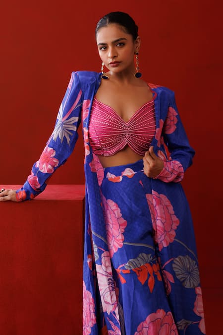 Kisakshi Jaipur_Pink Crepe, Chanderi Beads, Pearls Sweetheart Floral Print Shrug Sharara Set _at_Aza_Fashions