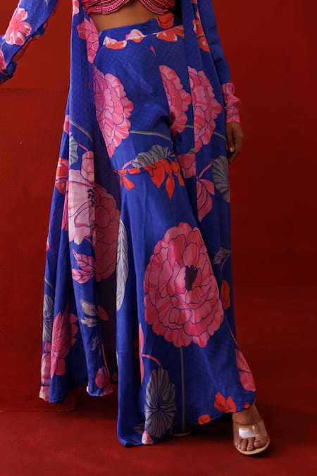 Buy_Kisakshi Jaipur_Pink Crepe, Chanderi Beads, Pearls Sweetheart Floral Print Shrug Sharara Set 