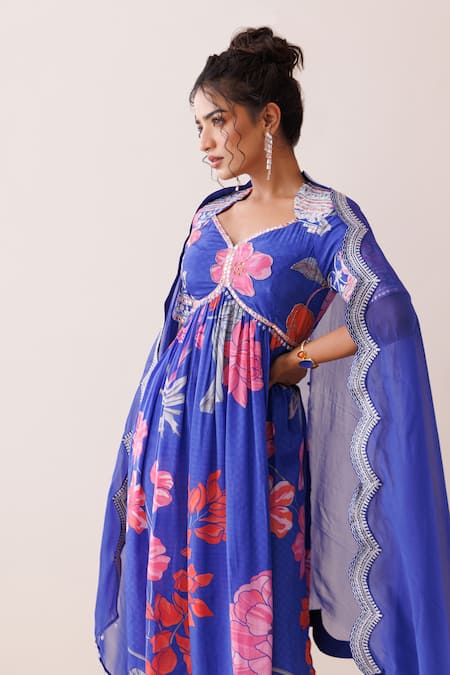 Kisakshi Jaipur_Blue Crepe, Organza Beads, Zari Asymmetric Floral Patterned Anarkali Set _Online_at_Aza_Fashions