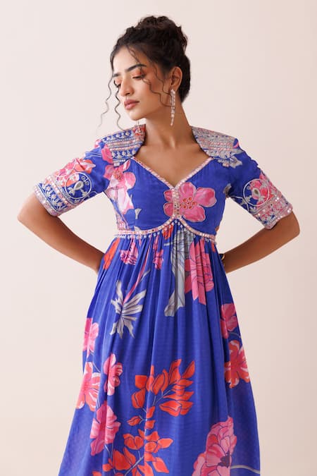 Buy_Kisakshi Jaipur_Blue Crepe, Organza Beads, Zari Asymmetric Floral Patterned Anarkali Set _Online_at_Aza_Fashions