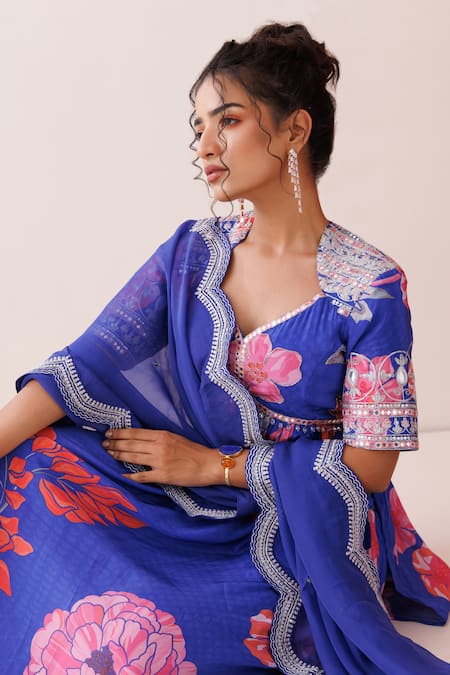 Shop_Kisakshi Jaipur_Blue Crepe, Organza Beads, Zari Asymmetric Floral Patterned Anarkali Set _Online_at_Aza_Fashions
