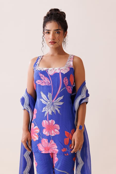 Buy_Kisakshi Jaipur_Blue Crepe, Organza, Chiffon Beads, Stones, Embroidery Floral Kurta Pant Set _Online_at_Aza_Fashions
