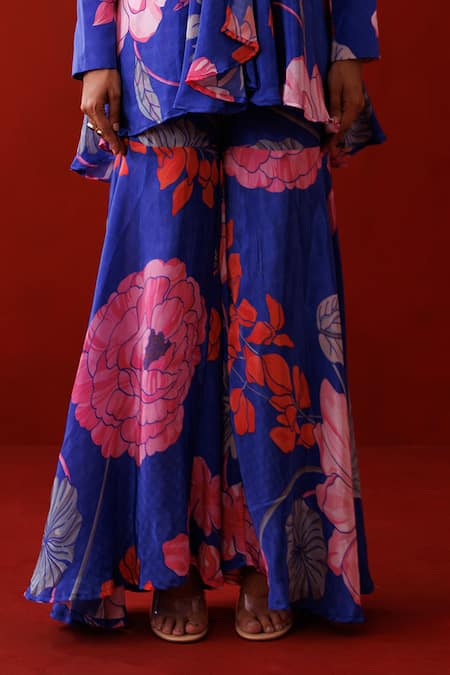 Kisakshi Jaipur_Blue Crepe, Organza Pearls, Floral Embellished Peplum Blazer And Sharara Set _Online_at_Aza_Fashions