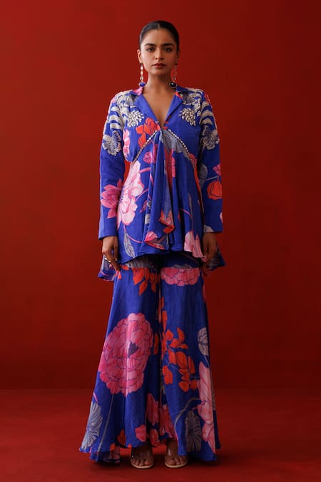 Buy_Kisakshi Jaipur_Blue Crepe, Organza Pearls, Floral Embellished Peplum Blazer And Sharara Set _Online_at_Aza_Fashions