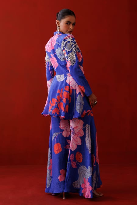 Shop_Kisakshi Jaipur_Blue Crepe, Organza Pearls, Floral Embellished Peplum Blazer And Sharara Set _Online_at_Aza_Fashions
