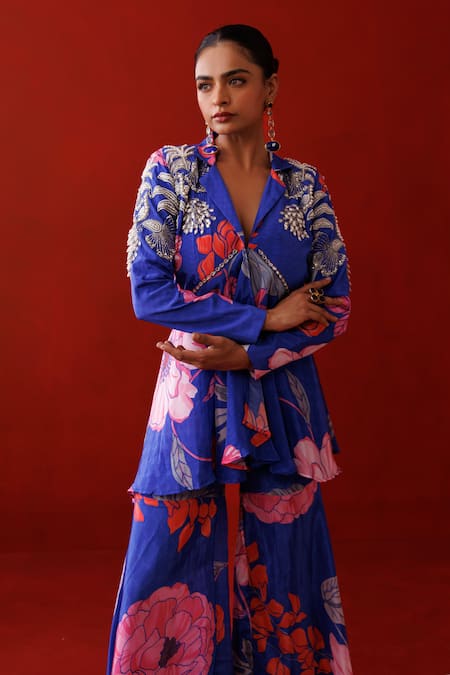 Kisakshi Jaipur_Blue Crepe, Organza Pearls, Floral Embellished Peplum Blazer And Sharara Set _at_Aza_Fashions