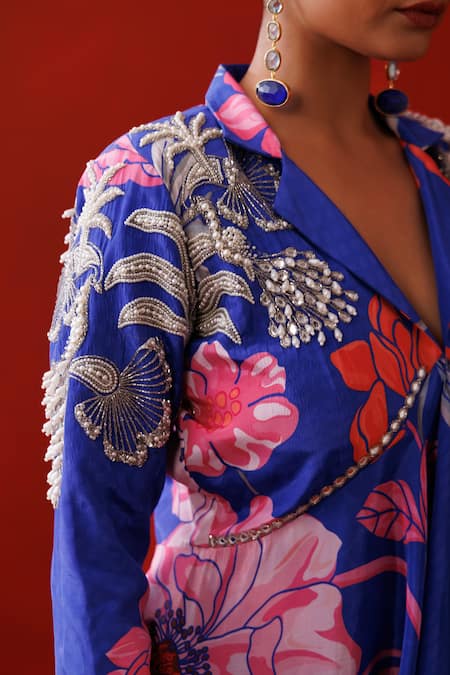 Buy_Kisakshi Jaipur_Blue Crepe, Organza Pearls, Floral Embellished Peplum Blazer And Sharara Set 