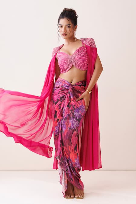 Kisakshi Jaipur_Pink Georgette, Chanderi Beads, Pearls Embellished Cape And Bustier Skirt Set _Online_at_Aza_Fashions
