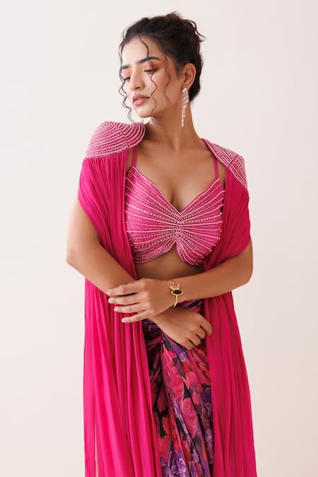 Buy_Kisakshi Jaipur_Pink Georgette, Chanderi Beads, Pearls Embellished Cape And Bustier Skirt Set _Online_at_Aza_Fashions