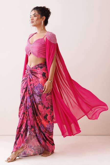 Shop_Kisakshi Jaipur_Pink Georgette, Chanderi Beads, Pearls Embellished Cape And Bustier Skirt Set _Online_at_Aza_Fashions