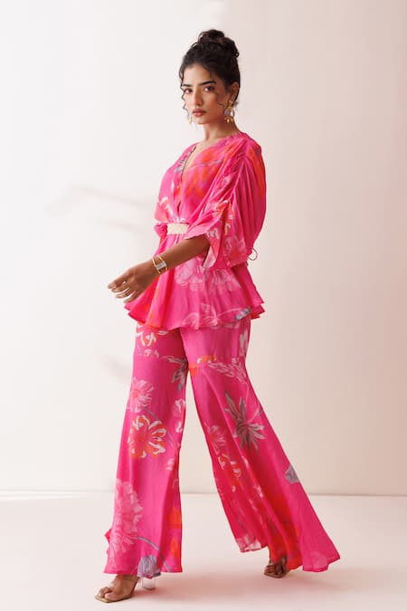 Buy_Kisakshi Jaipur_Pink Crepe Beads, Sequins, Pearls V-neck Floral Embellished Tunic Sharara Set _Online_at_Aza_Fashions