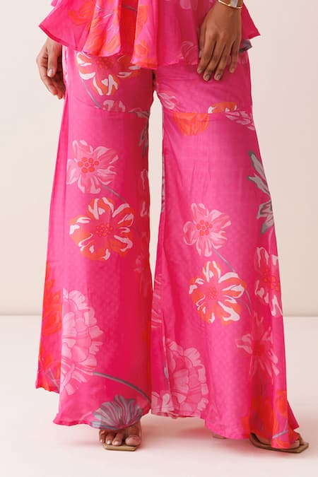 Shop_Kisakshi Jaipur_Pink Crepe Beads, Sequins, Pearls V-neck Floral Embellished Tunic Sharara Set _Online_at_Aza_Fashions
