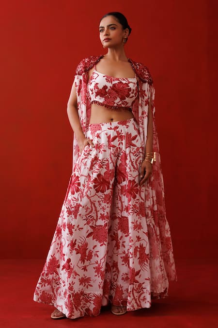 Kisakshi Jaipur_White Crepe Beads, Sequins Square Neck Floral Printed Cape Palazzo Set _Online_at_Aza_Fashions