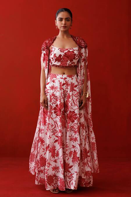 Buy_Kisakshi Jaipur_White Crepe Beads, Sequins Square Neck Floral Printed Cape Palazzo Set _Online_at_Aza_Fashions