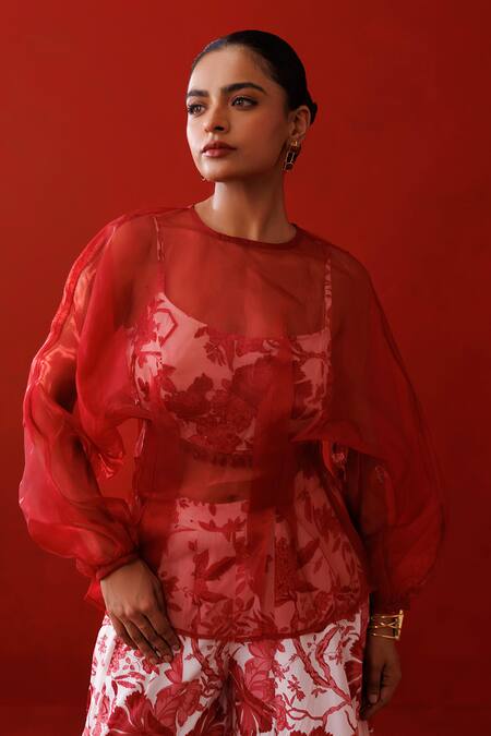 Kisakshi Jaipur_Multi Color Crepe, Organza Beads, Sequins Embellished Peplum Top And Palazzo Set _Online_at_Aza_Fashions