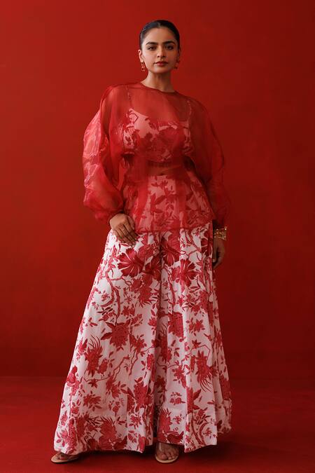 Buy_Kisakshi Jaipur_Multi Color Crepe, Organza Beads, Sequins Embellished Peplum Top And Palazzo Set _Online_at_Aza_Fashions