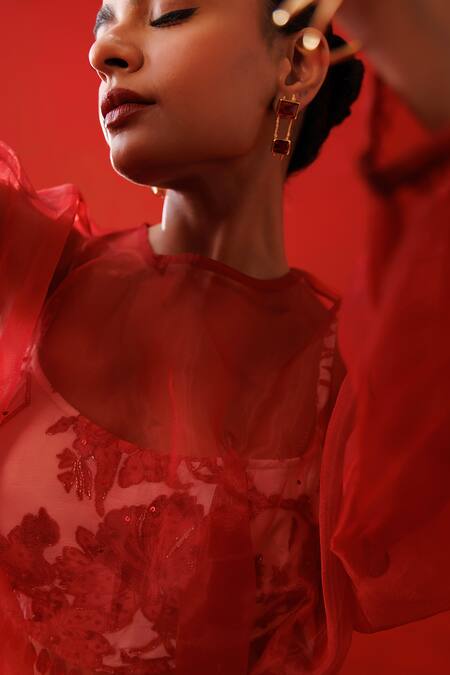 Shop_Kisakshi Jaipur_Multi Color Crepe, Organza Beads, Sequins Embellished Peplum Top And Palazzo Set _Online_at_Aza_Fashions