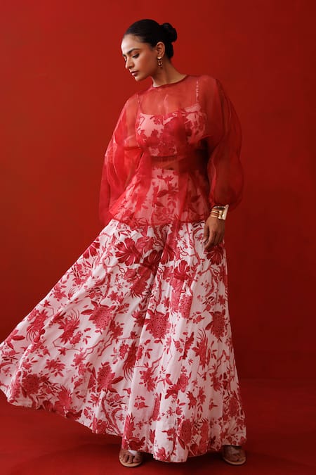 Kisakshi Jaipur_Multi Color Crepe, Organza Beads, Sequins Embellished Peplum Top And Palazzo Set _at_Aza_Fashions