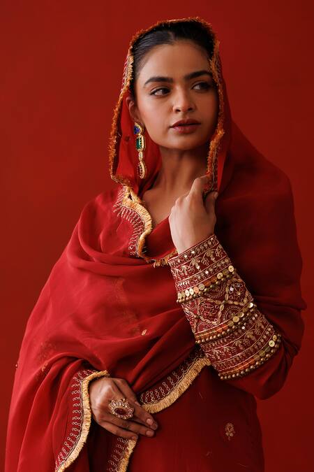 Shop_Kisakshi Jaipur_Red Chanderi, Organza Pearls, Sequins, Zari Embroidered Cropped Jacket Kurta Set 