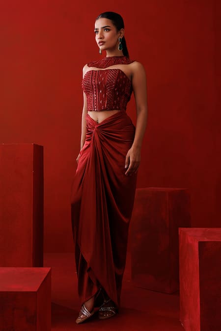 Shop Kisakshi Jaipur Maroon Satin, Organza Cut Work, Sequins, Embellished Corset And Draped Skirt Set Online at Aza Fashions Shop_Kisakshi Jaipur_Maroon Satin, Organza Cut Work, Sequins, Embellished Corset And Draped Skirt Set _Online_at_Aza_Fashions