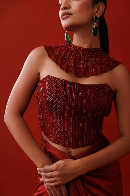 Kisakshi Jaipur Maroon Satin, Organza Cut Work, Sequins, Embellished Corset And Draped Skirt Set at Aza Fashions Kisakshi Jaipur_Maroon Satin, Organza Cut Work, Sequins, Embellished Corset And Draped Skirt Set _at_Aza_Fashions