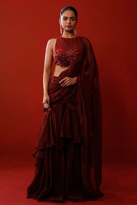 Buy Kisakshi Jaipur Maroon Organza Beads, Sequins, Cut Embellished Ruffle Pre-draped Saree And Blouse Online at Aza Fashions Buy_Kisakshi Jaipur_Maroon Organza Beads, Sequins, Cut Embellished Ruffle Pre-draped Saree And Blouse _Online_at_Aza_Fashions