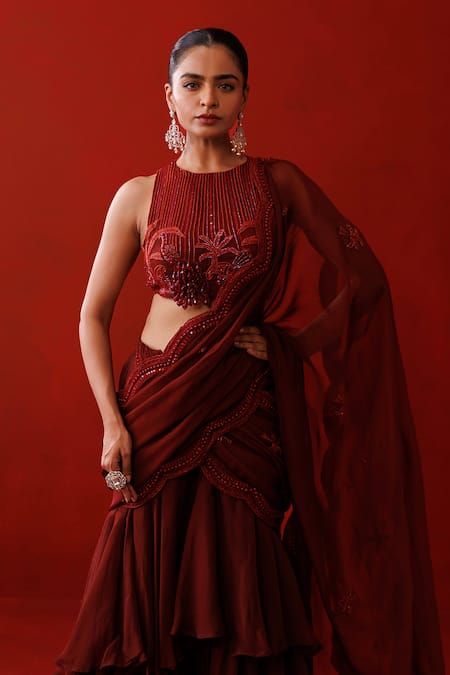 Shop Kisakshi Jaipur Maroon Organza Beads, Sequins, Cut Embellished Ruffle Pre-draped Saree And Blouse Online at Aza Fashions Shop_Kisakshi Jaipur_Maroon Organza Beads, Sequins, Cut Embellished Ruffle Pre-draped Saree And Blouse _Online_at_Aza_Fashions
