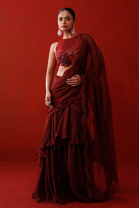 Kisakshi Jaipur Maroon Organza Beads, Sequins, Cut Embellished Ruffle Pre-draped Saree And Blouse at Aza Fashions Kisakshi Jaipur_Maroon Organza Beads, Sequins, Cut Embellished Ruffle Pre-draped Saree And Blouse _at_Aza_Fashions