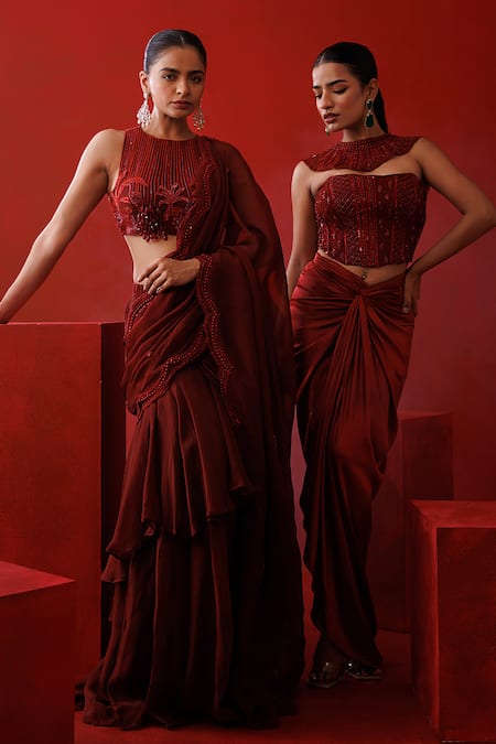 Shop Kisakshi Jaipur Maroon Organza Beads, Sequins, Cut Embellished Ruffle Pre-draped Saree And Blouse Shop_Kisakshi Jaipur_Maroon Organza Beads, Sequins, Cut Embellished Ruffle Pre-draped Saree And Blouse