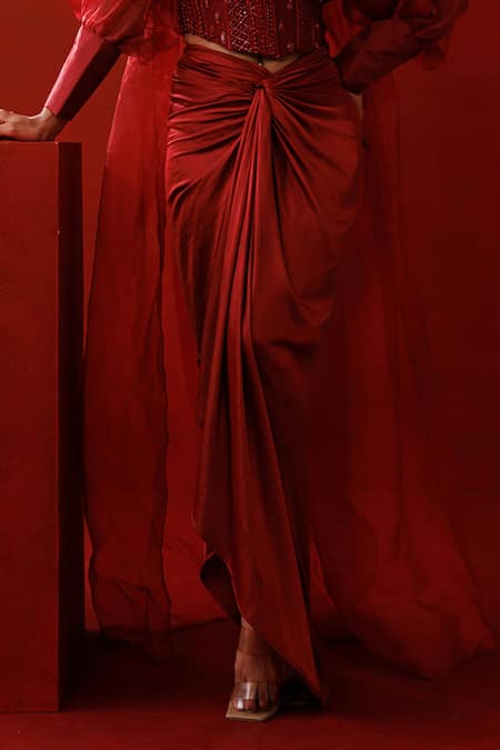 Kisakshi Jaipur_Maroon Satin, Organza Beads, Sequins, Embellished Off Shoulder Cape Skirt Set _Online_at_Aza_Fashions